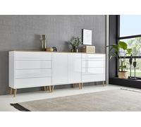 BMG Möbel Set 4 credenza Milan senza maniglie, piedini in legno, bianco/artisano, bianco lucido
