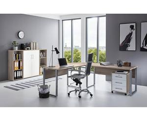 BMG Möbel - Set di mobili per ufficio in rovere Sonoma/bianco, formato a L, moderno, con scrivania ad angolo, cassettiera con ruote, armadietto basso e 2 ripiani bassi, made in Germany