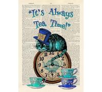 BMGKYAGL Dipinto su tela È sempre l'ora del tè Dizionario Arte Pittura Alice nel paese delle meraviglie Gatto Casa Poster e stampe Cornice 20x30cm