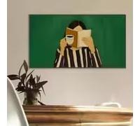 BMGKYAGL Quadro con ragazza che legge un libro e beve una tazza di caffè, poster panoramico per soggiorno e ufficio (55x110 cm/cornice interna)