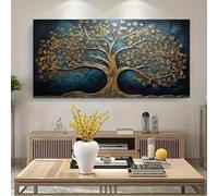 BMGKYAGL Quadro su tela Albero della vita astratto, rami intricati dorati e blu navy con uccelli, grande decorazione da parete per la casa, cornice 80x160 cm