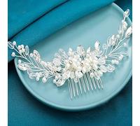 Bmirth Pettine per capelli da sposa, color argento, con fiori, con perle di cristallo, accessorio per capelli per donne e ragazze (F)