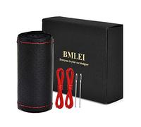 BMLEI Coprivolante universale per auto con parte superiore in vera pelle, design antiscivolo e morbida imbottitura, stile di cucitura (pelle nera con filo rosso)