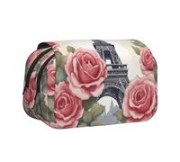 bmnaswt Astuccio per penne a doppia conchiglia con stampa Torre Eiffel e rose, in tessuto Oxford con tasche con cerniera, ideale come regalo
