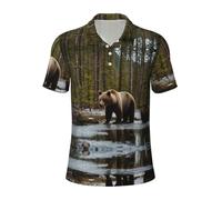 bmnaswt Polo casual da uomo con stampa orso bianco, camicia a maniche corte con colletto per occasioni di lavoro quotidiane, Nero , L