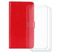 BMPNLSZ Cover Flip per Doogee Note 56 Plus + [3 Pezzi] Vetro Temperato, HD Pellicola proteggi schermo - Pieghevole Portafoglio Custodia in pelle Borsa Slot Copertura (6,56") - rosso-HZFM