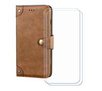 BMPNLSZ Cover Flip per TCL K70 SE + [2 Pezzi] Vetro Temperato, HD Pellicola proteggi schermo - Pieghevole Portafoglio Custodia in pelle Borsa Slot Copertura (6,56") - Marrone-HZLD