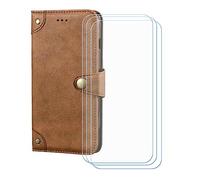 BMPNLSZ Cover Flip per TCL K70 SE + [3 Pezzi] Vetro Temperato, HD Pellicola proteggi schermo - Pieghevole Portafoglio Custodia in pelle Borsa Slot Copertura (6,56") - Marrone-HZLD