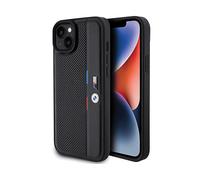 Custodia rigida BMW per iPhone 15 Plus, nera traforata.