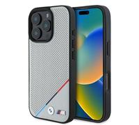 BMW CG Mobile M - Custodia per iPhone 16, resistente, antiurto, compatibile con Magsafe, custodia in PU Carbon Tricolor Line Grigio