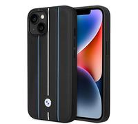 BMW - Custodia per iPhone 14 Signature Collection, colore: Nero con linee stampate a caldo, in vera pelle protettiva e resistente, con facile scatto, assorbimento degli urti e logo firma