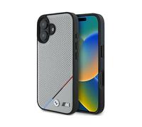 Custodia rigida BMW MagSafe con perforazione e linea tricolore per iPhone 16