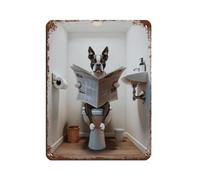 BNCEDJK Fotografia di un Boston Terrier che legge il giornale sulla toilette targa in metallo vintage decorazione artistica da parete per pub club bar casa decorazione artistica da parete poster retrò