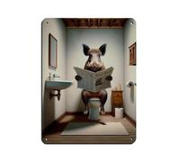 BNCEDJK Poster in metallo con immagine di un cinghiale che legge il giornale sulla toilette, retrò, arte chic, pittura in ferro, decorazione da parete, per bar, grotte, bar, famiglia, garage, 30 x 40