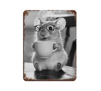 BNCEDJK Poster retrò in metallo con topolino che beve caffè e occhiali con gli occhiali, arte chic, retrò, pittura in ferro, per bar, grotte, bar, famiglia, garage, decorazione da parete, 30 x 40 cm