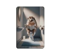 BNCEDJK Targa in metallo vintage con fotografia di un riccio che legge il giornale sulla toilette, decorazione artistica da parete per pub, club, caffetteria, bar, casa, decorazione artistica da