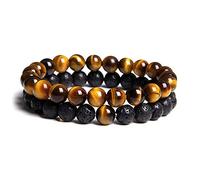 BNCXMO 2 pezzi naturali da 8 mm in pietra tigre zenzero giallo in rilievo nero lava nera vulcanica pietra elastica bracciale addominale per donna uomo coppia regalo regalo amico regalo