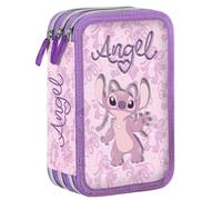 BNG Astuccio 3 Scomparti ANGEL Tre Zip Cerniere completo di Colori GIOTTO, Astuccio Scuola Triplo 3 scomparti Bambina Rosa Stitch Angel