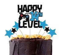 bng-bng Topper per torta per 14° compleanno glitterato Happy 14th Level Cake Toppers Gioco per ragazzi Forniture per feste a tema Età 14 Quattordici anni Decorazioni per torte di compleanno