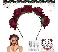 BNGXR Dia De Los Muertos Fascia, 3 PCS Fascia Floreale Messicana con Tatuaggio Facciale Diamantata, Tessuto di Poliestere Cerchietto Fascia Rosa Rossa, Fiori di Halloween Fascia per Carnevale
