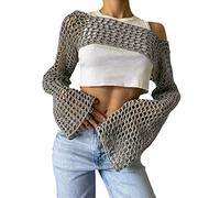 Bnigung Coprispalle sexy da donna in rete all'uncinetto, modello Y2K, con scollo a V, in maglia, trasparente, copricostume (grigio, S)