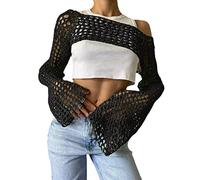Bnigung Top corto da donna in maglia all'uncinetto, coprispalle sexy Y2k scava fuori maglione lavorato a maglia ritagliato vedere attraverso bikini copricostume, nero, M