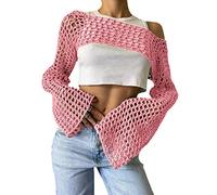 Bnigung Top corto da donna in maglia all'uncinetto, coprispalle sexy Y2k scava fuori maglione lavorato a maglia ritagliato vedere attraverso bikini copricostume, Rosa, M