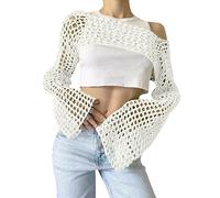 Bnigung Top corto da donna in maglia all'uncinetto, coprispalle sexy Y2k scava fuori maglione lavorato a maglia ritagliato vedere attraverso bikini copricostume, bianco, M