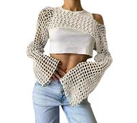Bnigung Top corto da donna in maglia all'uncinetto, coprispalle sexy Y2k scava fuori maglione lavorato a maglia ritagliato vedere attraverso bikini copricostume, Beige, S