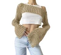 Bnigung Top corto da donna in maglia all'uncinetto, coprispalle sexy Y2k scava fuori maglione lavorato a maglia ritagliato vedere attraverso bikini copricostume, Albicocca, Medium