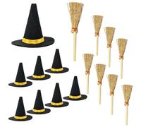 BNOYONERAS 16 mini cappelli da strega e scope, decorazione di Halloween per artigianato fai da te, cappelli da strega in feltro e streghe scopa per Halloween fatti a mano bottiglia di vino decorazione