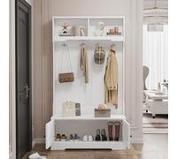 BNUZ Armadietto d'ingresso bianco, 100 x 180 cm, con vano portaoggetti nella parte inferiore del sedile, con 4 ganci per appendere e 2 parte superiore per riporre i vestiti, scarpiera