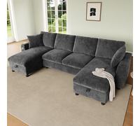 BNUZ Divano in ciniglia a forma di U, 2 posti, due elementi chaise longue, vano portaoggetti apribile, grigio, 284 x 135 x 84 cm
