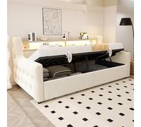 BNUZ Divano letto imbottito, 90 x 200 cm, beige, contenitore idraulico, schienale e braccioli spessi, vano portaoggetti, rete a doghe, senza materasso
