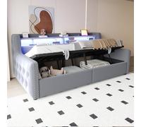 BNUZ Divano letto imbottito, 90 x 200 cm, grigio chiaro, contenitore idraulico, schienale e braccioli spessi, vano portaoggetti, rete a doghe, senza materasso