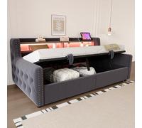 BNUZ Divano letto imbottito, 90 x 200 cm, grigio scuro, contenitore idraulico, schienale e braccioli spessi, vano portaoggetti, rete a doghe, senza materasso