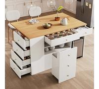 BNUZ Isola da cucina, credenza con sgabelli da bar, armadio da cucina con 6 cassetti e sgabelli, larghezza regolabile, 140 x 40 (70 x 90,5 cm, bianco