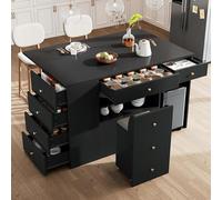 BNUZ Isola da cucina, credenza con sgabelli da bar, armadio da cucina con 6 cassetti e sgabelli, larghezza regolabile, 140 x 40 (70 x 90,5 cm, colore: nero