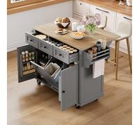 BNUZ Isola da cucina grigia, 131,2 × 46,2 - 76,2 x 92,7 cm, con ruote, zona pranzo estraibile, con scomparto per rifiuti e cassetti, isola mobile da cucina, ideale per cucina e sala da pranzo