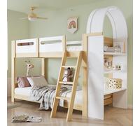 BNUZ Lettino a castello, 90 x 200 cm, bianco e naturale, con ripiano a tre livelli, rete sicura per il letto, scaletta a tre livelli, doghe in legno di pino + MDF + compensato, senza materasso