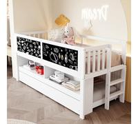 BNUZ Lettino per bambini, bianco, 90 x 200 cm, estraibile, con lavagnetta graffiti, spazio aperto, scaletta, letto per bambini, in legno massiccio, senza materasso