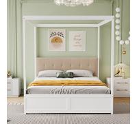BNUZ Letto a baldacchino, con grandi cassetti e schienale morbido, letto in legno, bianco, 140 x 200 cm