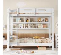 BNUZ Letto a castello, 90 x 200 cm, con griglia di protezione anticaduta, scala a cinque livelli, ampio spazio di archiviazione, pino e MDF, bianco