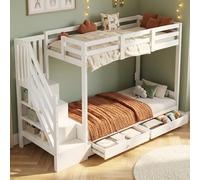 BNUZ Letto a castello per bambini, letto matrimoniale, bianco, 90 x 200 cm, con scala e 2 cassetti, il piano inferiore utilizzato come letto o divano e include cuscino, senza materasso