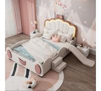BNUZ Letto a forma di farfalla, 140 x 200 cm, con luce LED che cambia colore, telecomando, dotato di scivolo e scala, materiale PU, bella forma, rosa + bianco