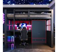 BNUZ Letto a soppalco 90 x 200 cm, con scala, vano portaoggetti, tavolo, armadio e cassetti, letto per bambini, letto singolo in stile gaming, nero e rosso, senza materasso
