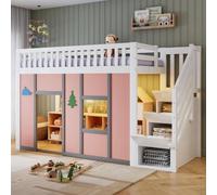 BNUZ Letto a soppalco per bambini, 90 x 200 cm, bianco e rosa, con scala portaoggetti, area gioco, protezione anticaduta e motivi decorativi per la cameretta dei bambini, (senza materasso)