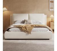 BNUZ Letto matrimoniale imbottito, 160 x 200 cm, letto funzionale idraulico, con rete a doghe, testiera imbottita, grande capienza, beige bouclé, senza materasso