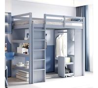 BNUZ Letto singolo, letto a soppalco, 90 x 200 cm, con ripiani a più livelli, con semplici grucce e ripiani, con 1 carrello portaoggetti rimovibile, molto spazio, letto per ragazzi, grigio