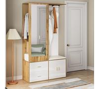 BNUZ Set appendiabiti bianco e legno, con specchio, 100 x 180 cm, con gancio e asta appendiabiti estraibile